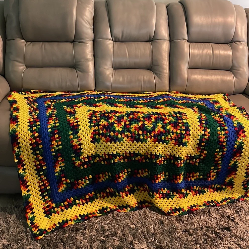 Beautiful vibrant colorful 55 x 43” handmade grandma/Roseanne Afghan throw